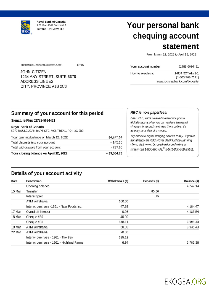 Relevé bancaire de la Banque Royale du Canada (RBC), modèle Word et PDF, version 3